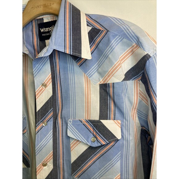 Wrangler Men's Pearl Snap Western Shirt-16x34-Blue-White Striped - Picture 3 of 10